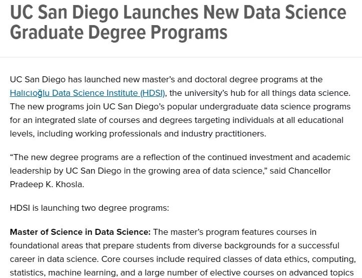 加州大学圣地亚哥分校新开数据科学硕/博项目